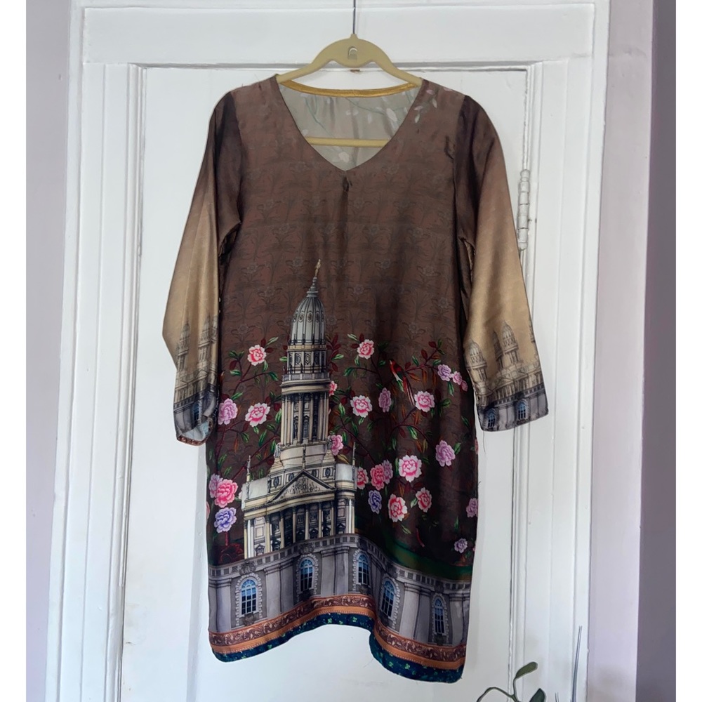 Brown Floral Satin Top/ Kurtha / Kurthi / Kameez/ Pret